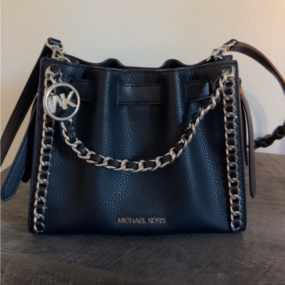 Michael Kors Black Leather Shoulder Bag with Silver Chain